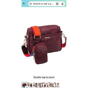 Womens Burgundy Faux Leather Crossbody Bag with Coin Pouch and Multi Color Strap